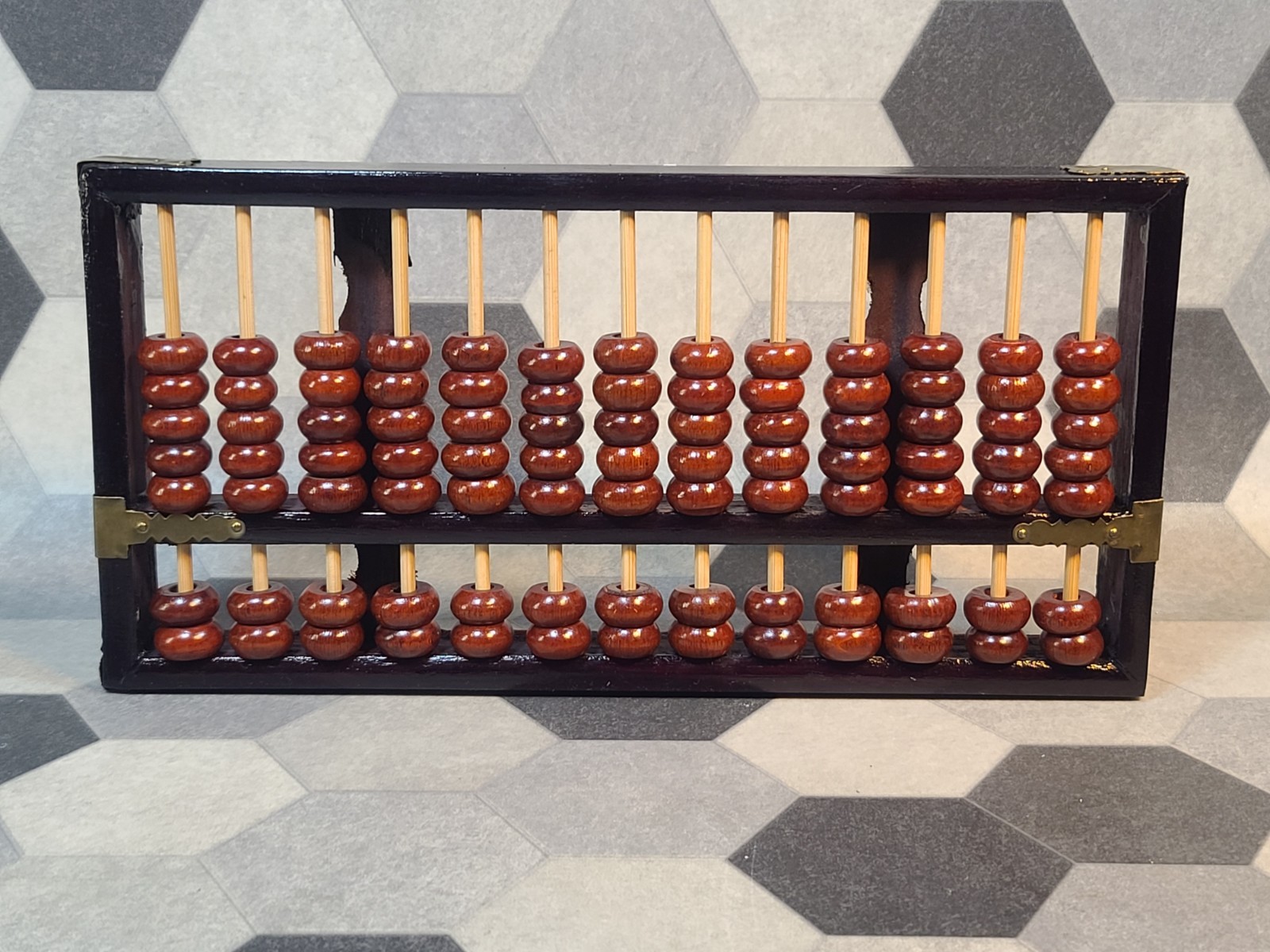 VTG Chinese Solid Wood Abacus 13 Rows 91 Beads Brass Corner Accents 12″ x 6″