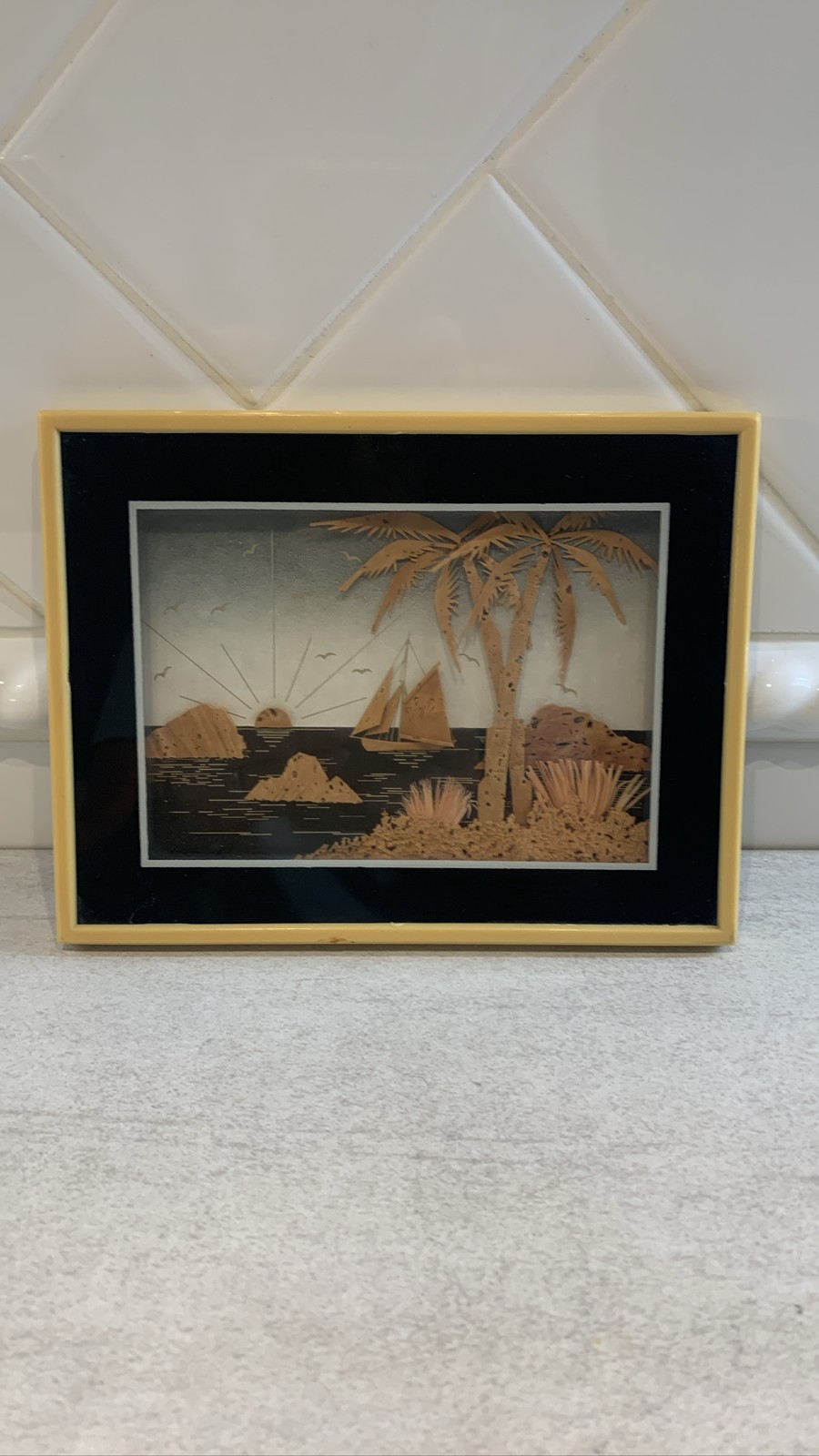 Vintage Chinese Hand Carved Cork Diorama 3D Landscape Art Shadow Box Glass Frame