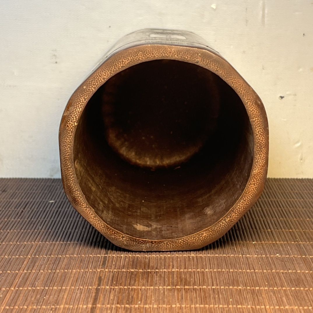 Vintage Bamboo Brush Pot 15×11cm Inlaid Carved Chinese Antique Desk Ornament