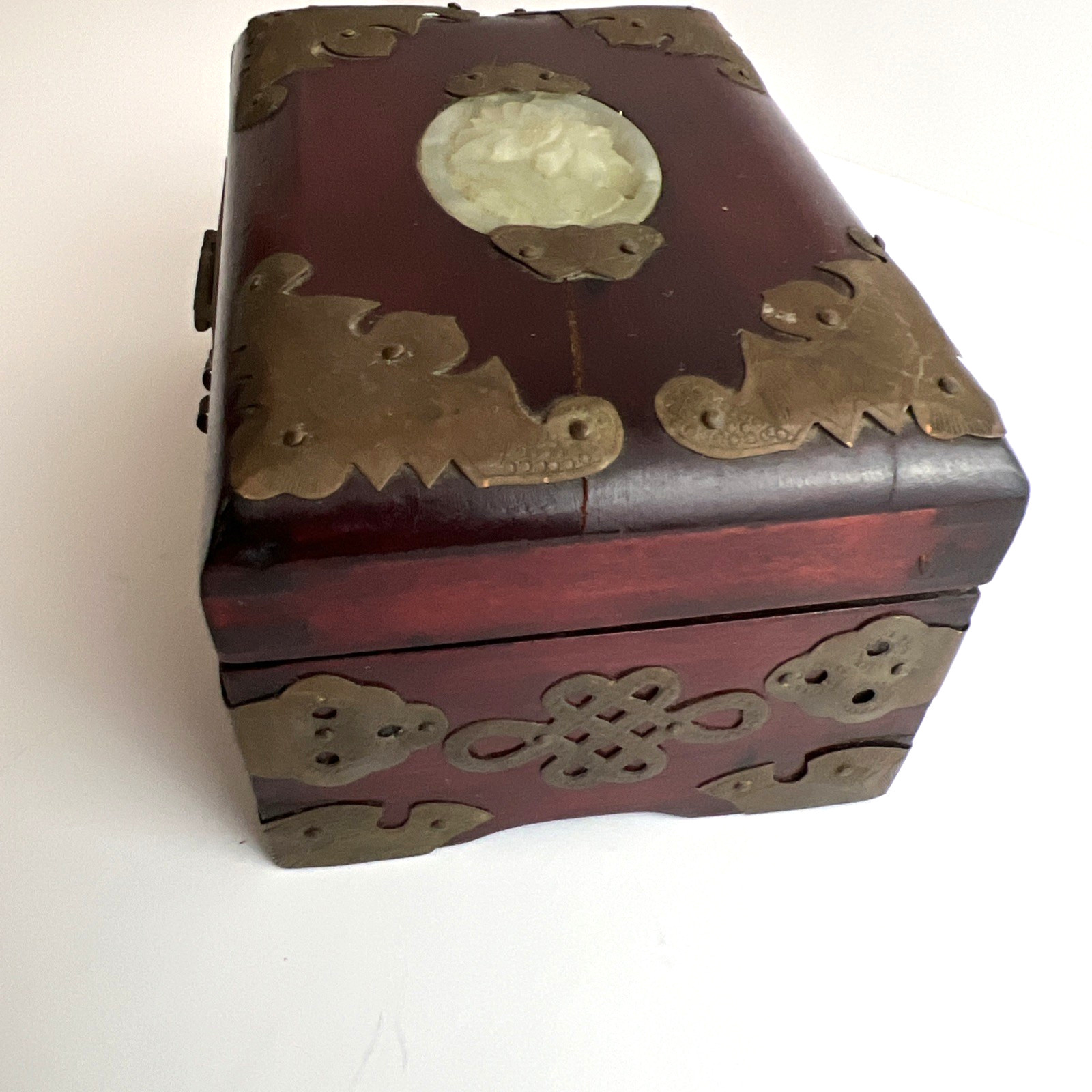 Rare Vintage Chinese Mahogany Jewel Box Chased Brass Accent Lock Jade Medallion