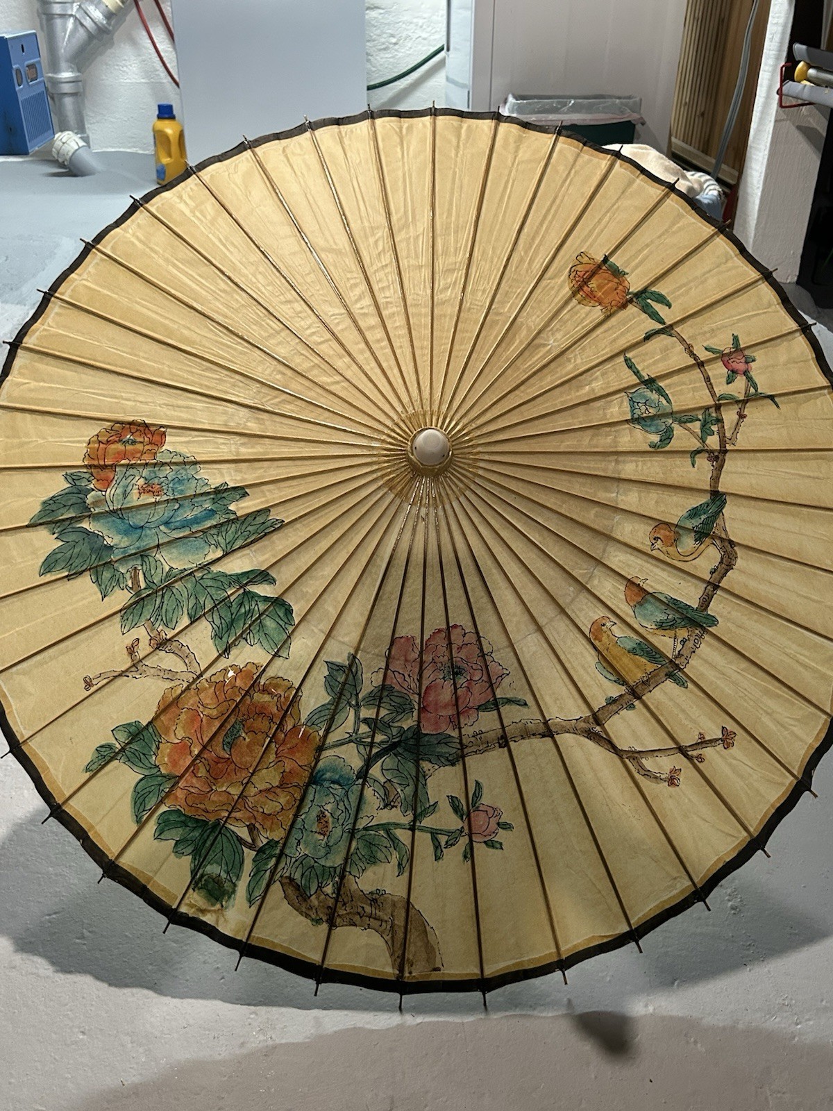 (2) Vintage Hand Painted Oriental Bamboo Rice Paper Umbrella Parasol Wood Handle