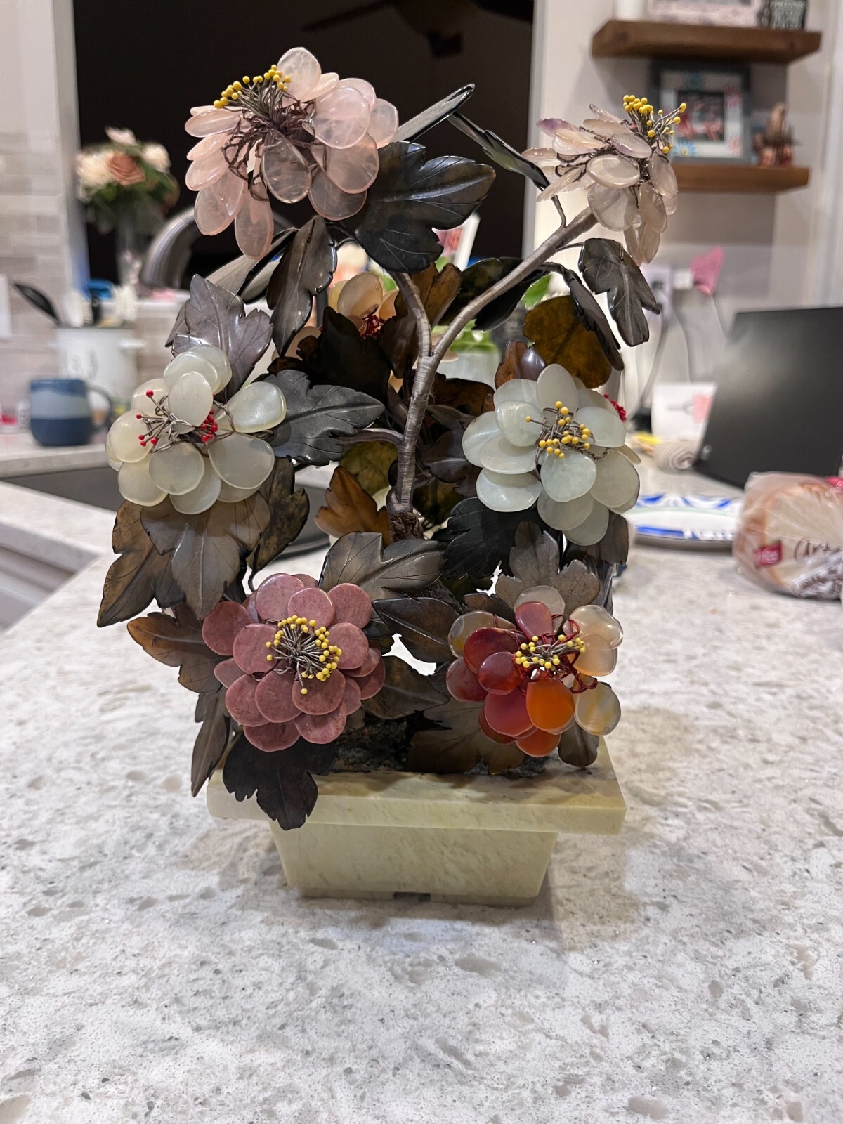 1920s Vintage Jade Flower Tree, Perfect Condition. Multicolored petals