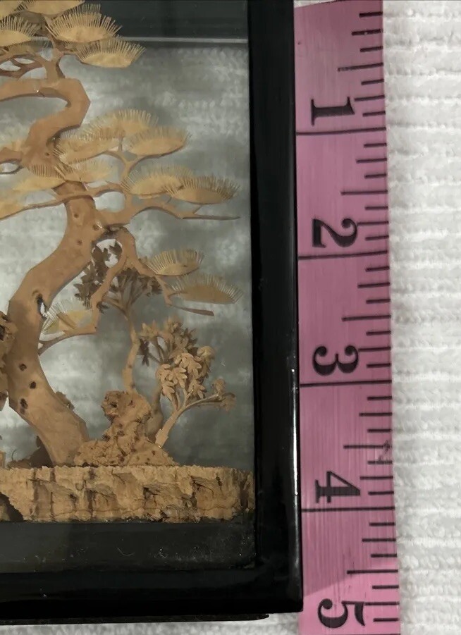 Chinese Carved Cork Art Shadow Box Pagoda Black Wood Frame 7.5”x5”
