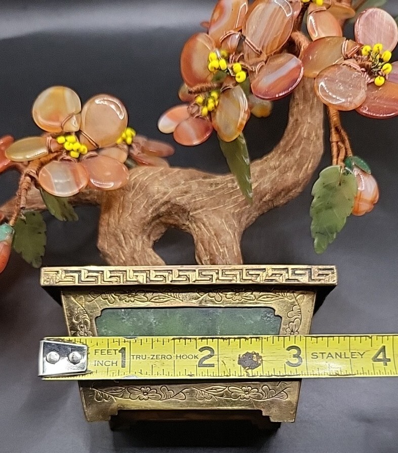 Chinese Carnelian & Green Nephrite Jade Bonsai Tree Brass Etched Base Hong Kong
