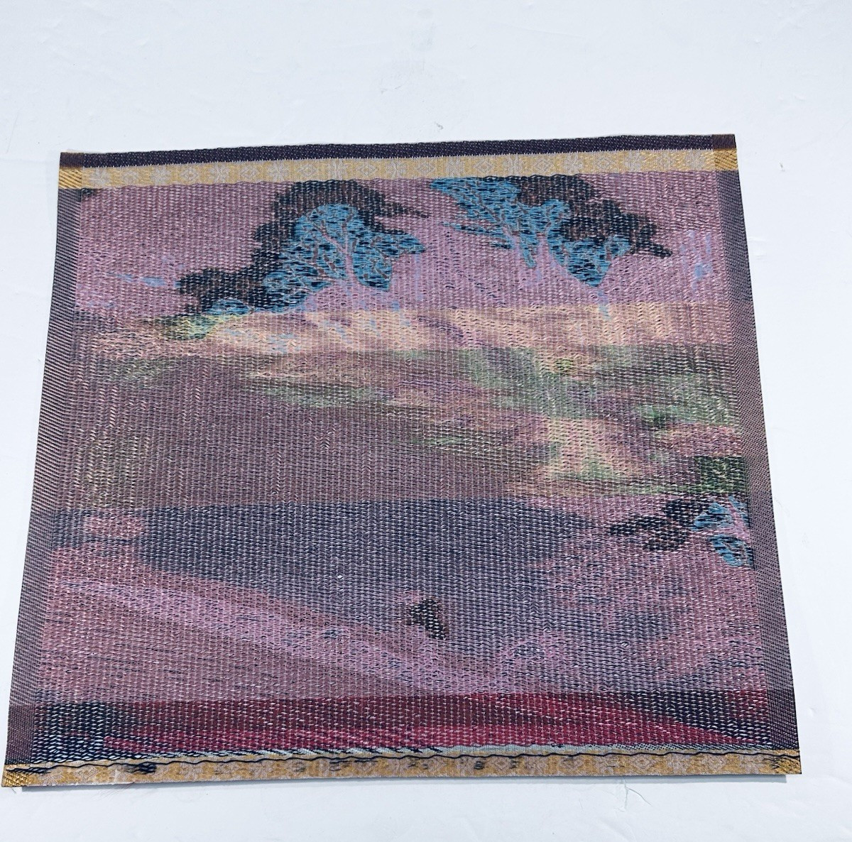 Japanese silk embroidered tapestry Trees River Boat Scene 11.5 x 10.5 inches