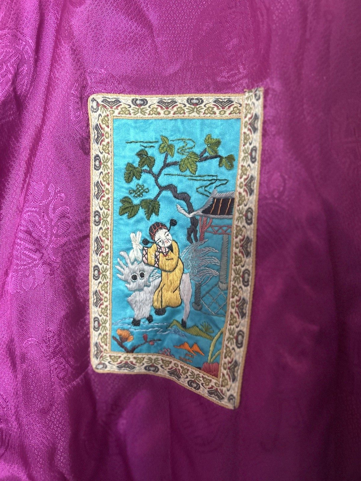 Vintage Chinese Silk Embroidered Jacket Robe Purple Magenta Handmade Frog Closur