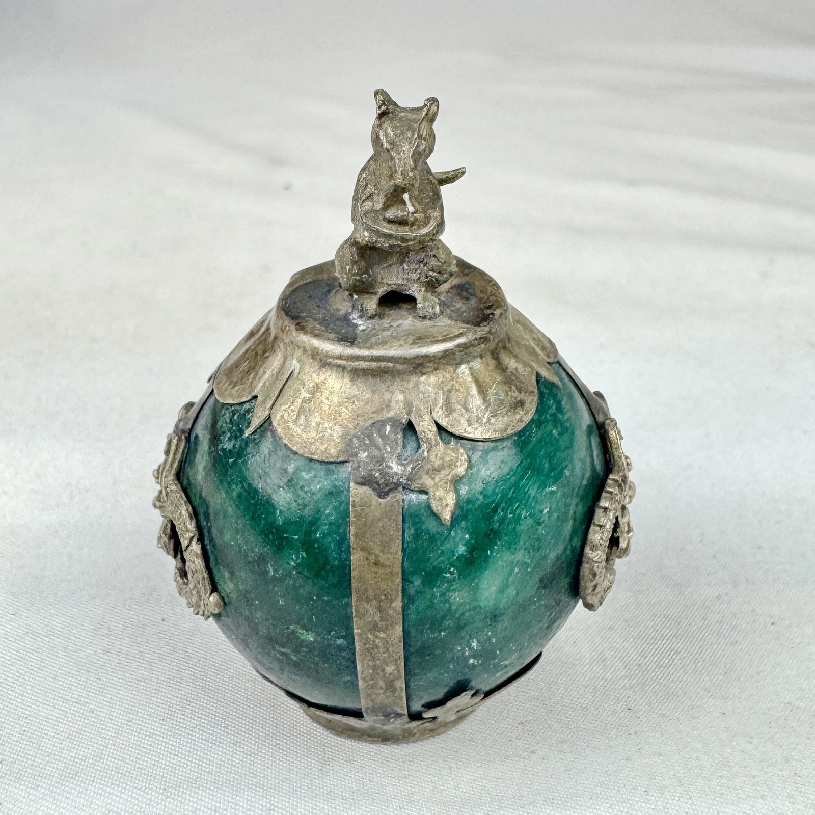 Vintage Chinese Zodiac RAT Green Marble Orb, Pewter/Tin Finial and Dragon Motif