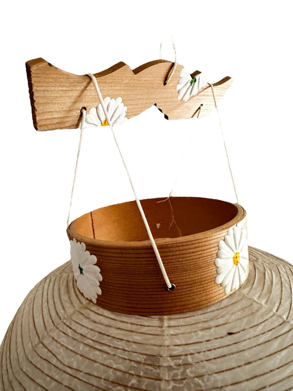 Vintage Chinese Paper Lantern White Daisy Floral Tassels Large Neutral
