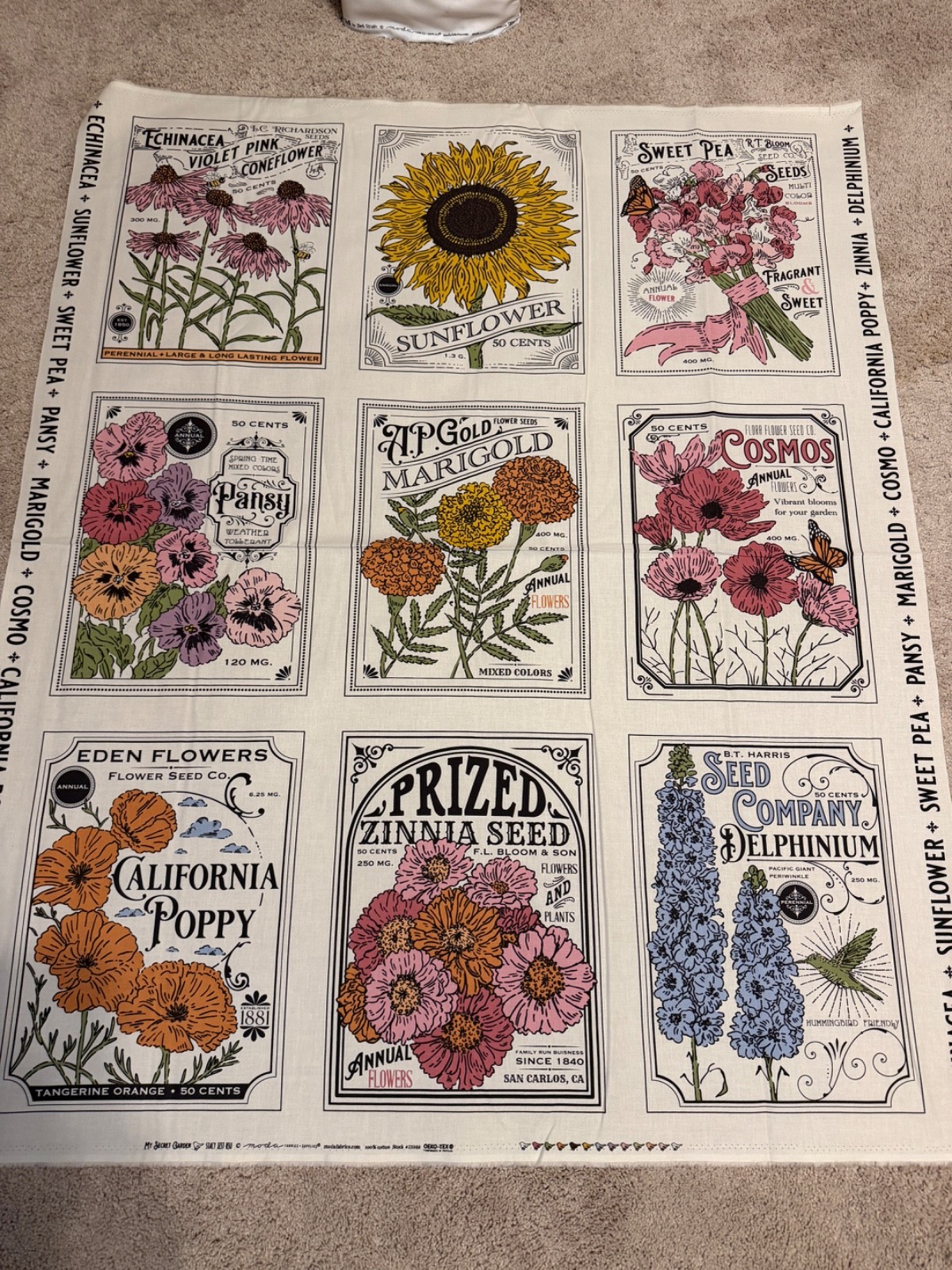 MODA My Secret Garden 100% cotton fabric by PANEL 36×44 20988 11 Garden Seeds