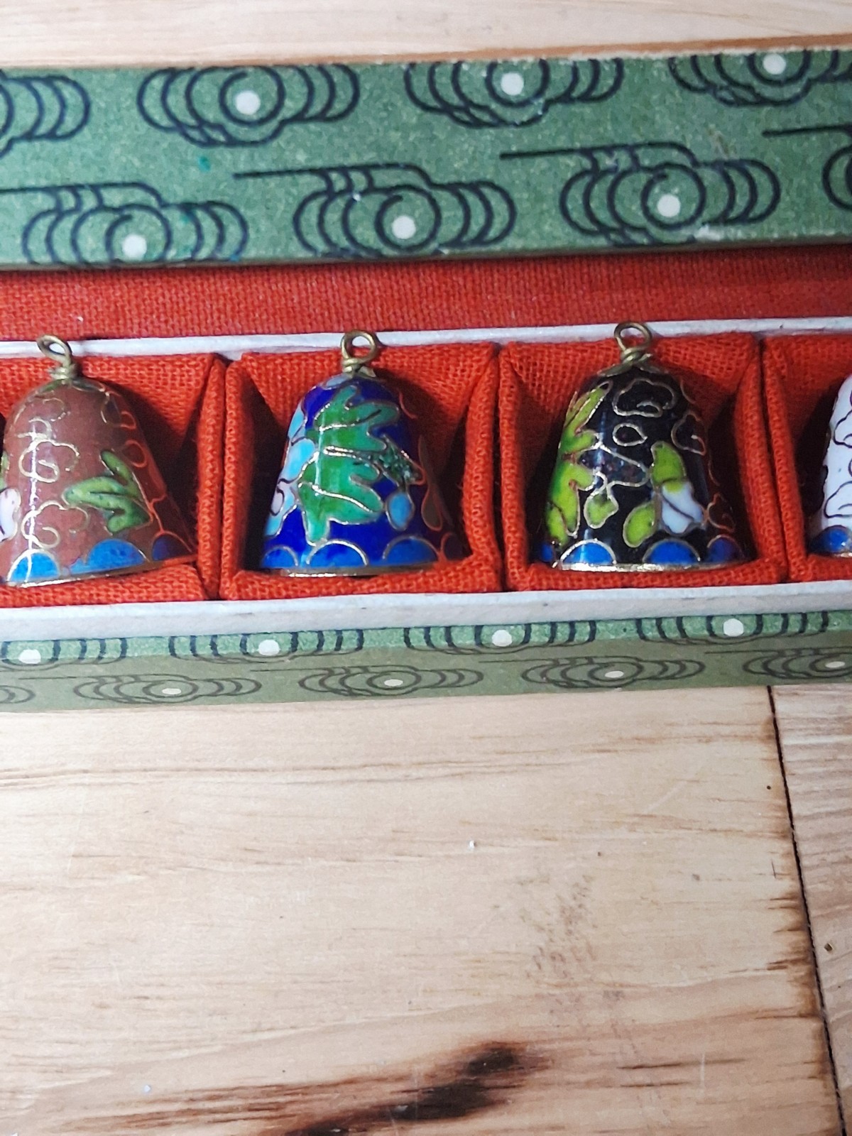 Vintage Lot 5 Asian Cloisonne Enamel Small Multicolor Floral Bells /with Box