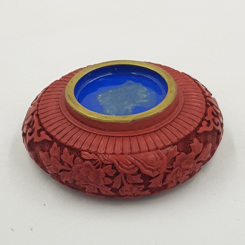 Vintage Chinese Cinnabar Lacquer Craved & Blue Enamel Brass Ashtray