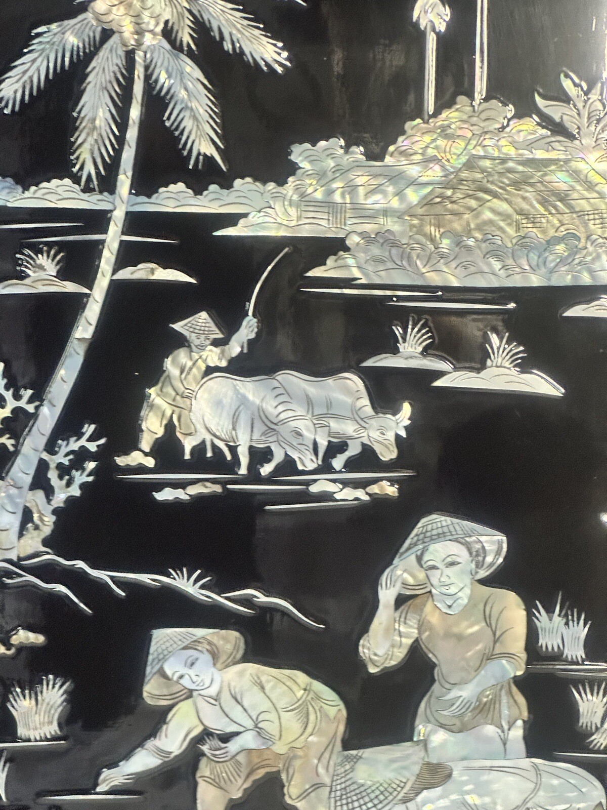Chinese Wall Art Mother Of Pearl On Black Lacquerware 23.58” Tall 11 3/8” Wide