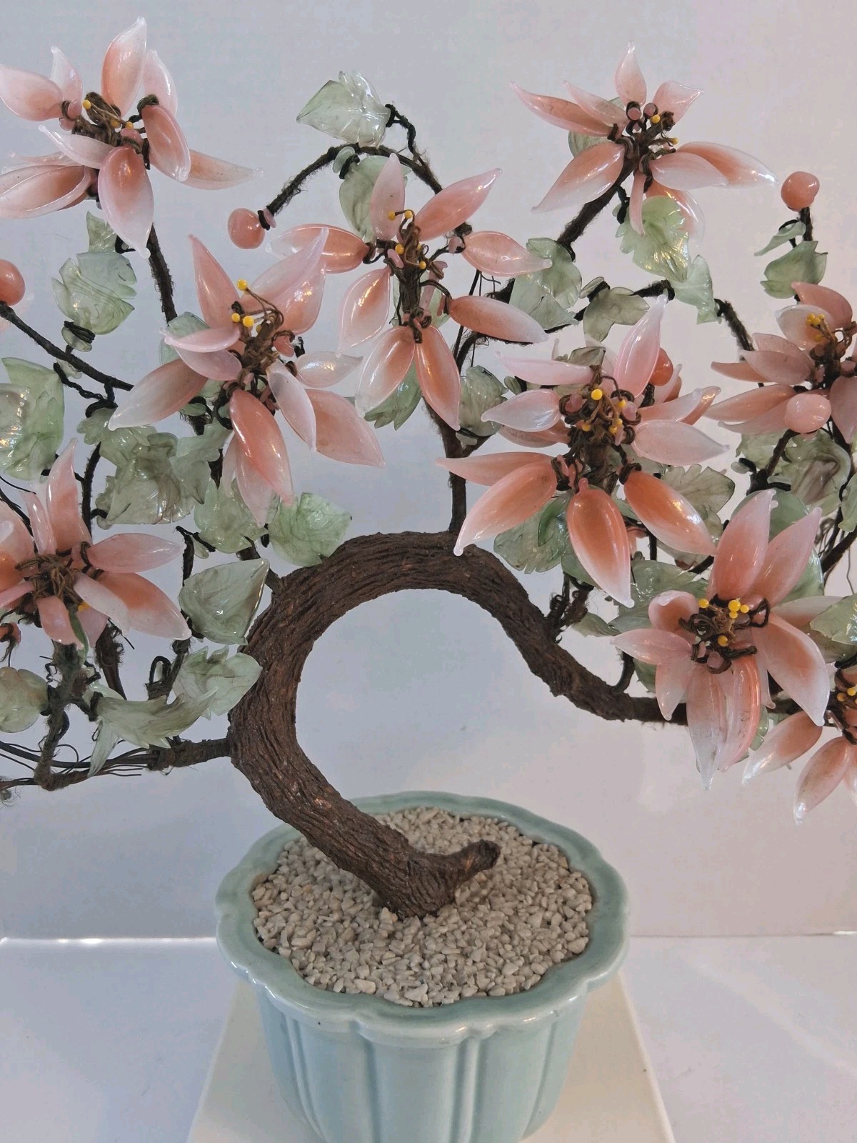 Vtg! XL Asian Bonsai Jade Glass & Coral Color Quartz Flowering Tree;14.5″x 13.0″