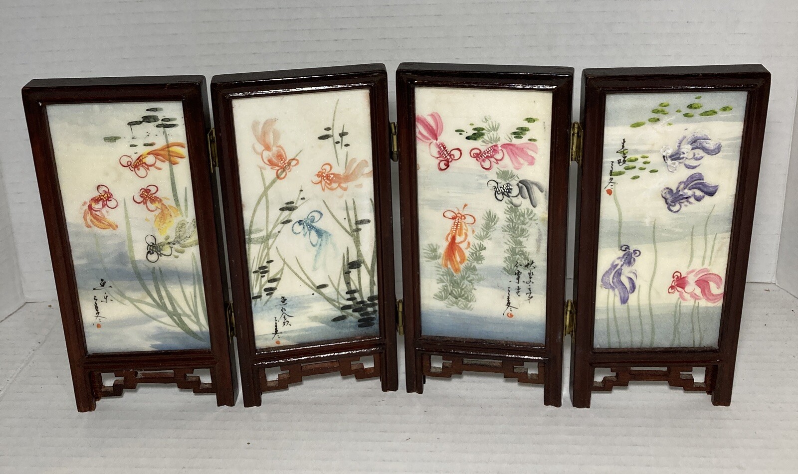 Chinese Oriental Desk Top Tile & Wood 2 Sided Folding Screen Horse Koy Fish