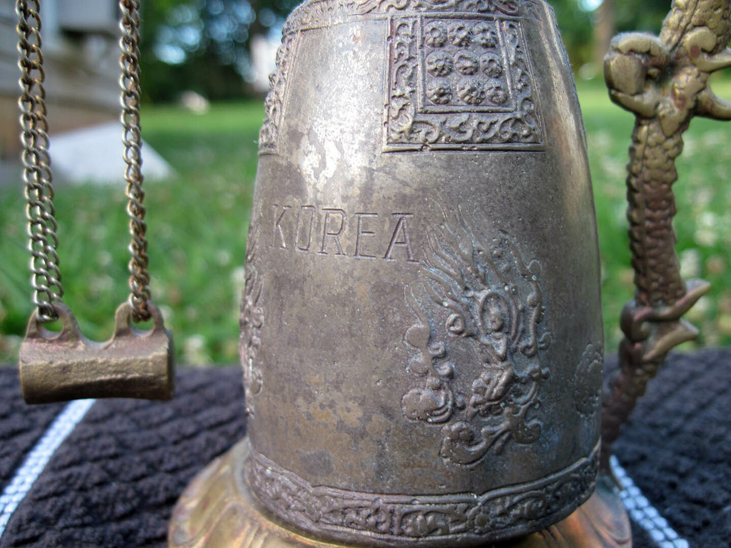 Vintage Asian / Oriental Bronze or Brass Dragon Bell w/ Swinging Hammer