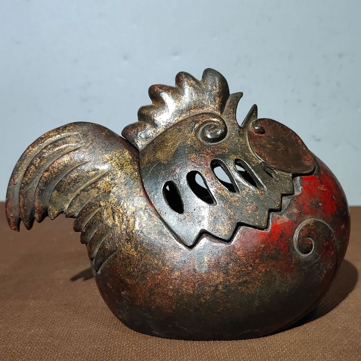 Vintage Solid Copper Mud Rooster Incense Burner Hollow Split Censer Home Decor