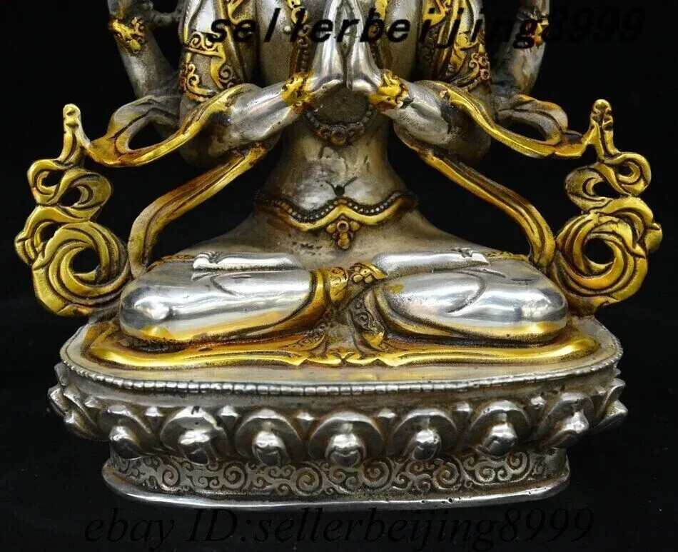 8″ Tibet Silver Gilt 4 Arms Chenrezig Goddess Buddhas Avalokiteshvara God Statue