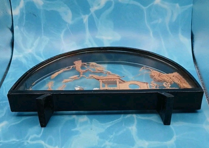 VTG Chinese Diorama Cork Carving Pagoda Trees Birds 10in x 6in Wood Glass Case