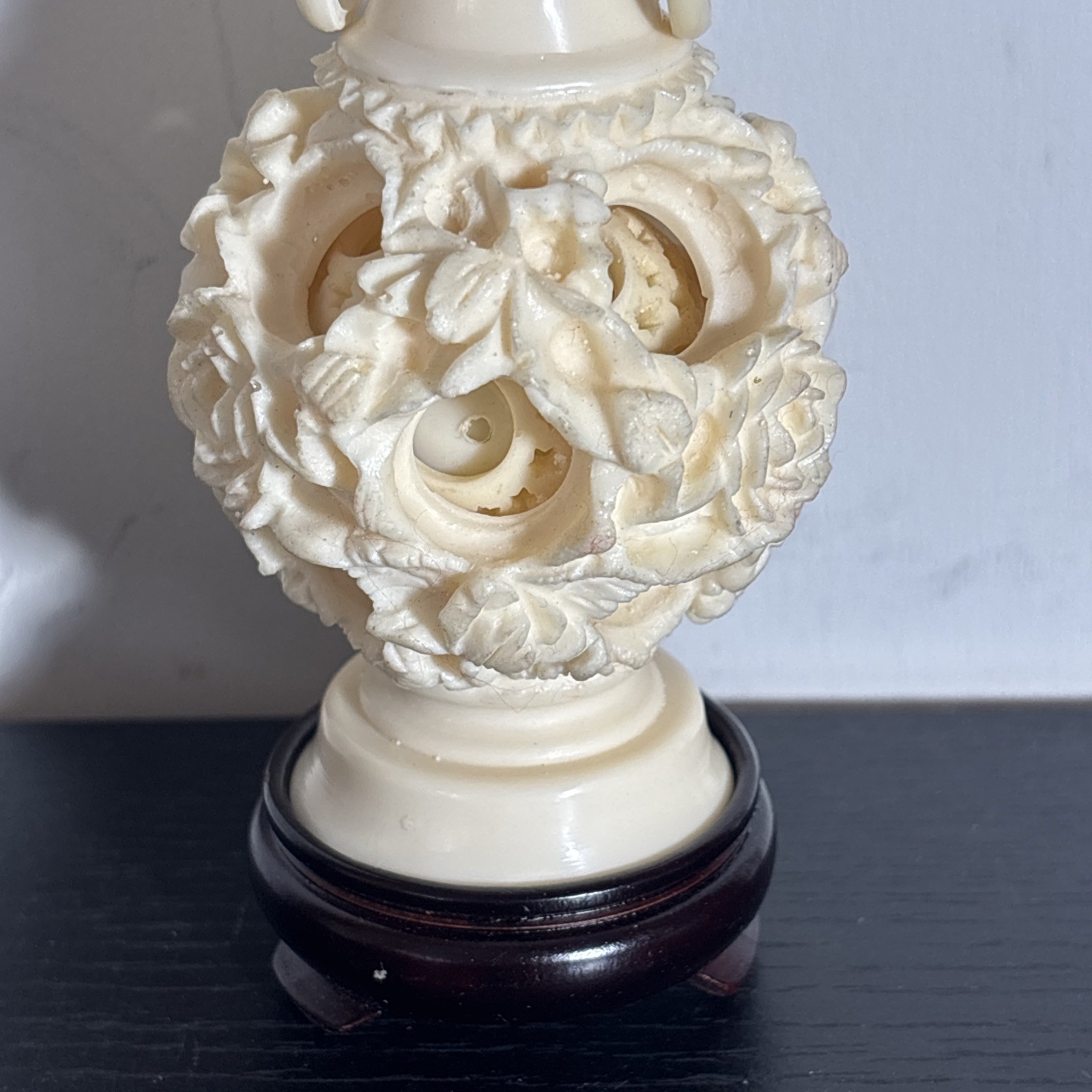 Vintage Chinese Puzzle Ball w/Elephants on Stand Faux Ivory in Plastic Front Box