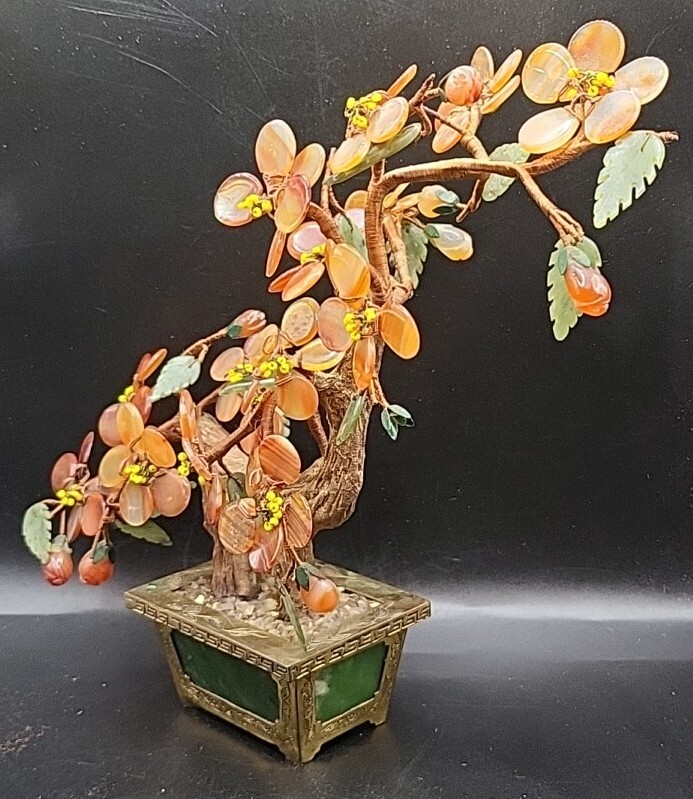 Chinese Carnelian & Green Nephrite Jade Bonsai Tree Brass Etched Base Hong Kong