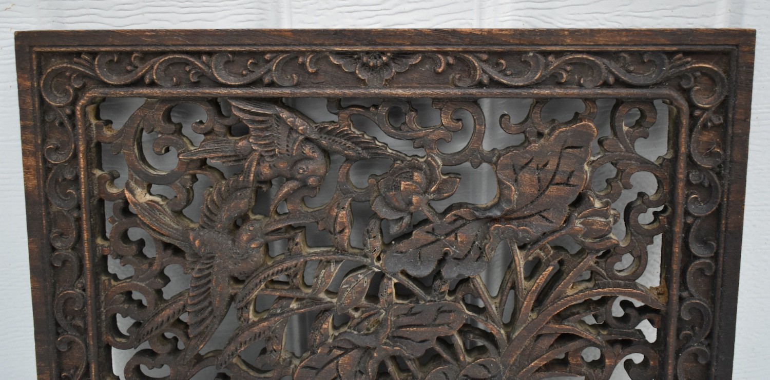 Vintage Hand Carved Chinese Plaque with Birds & Floral Details