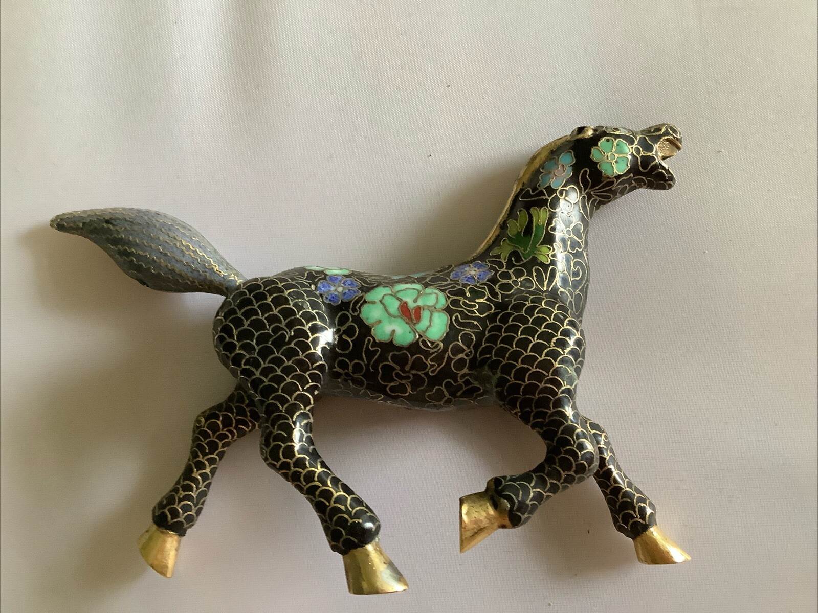 Chinese Cloisonné Small Horse Black w Blue & Green Flowers 6”