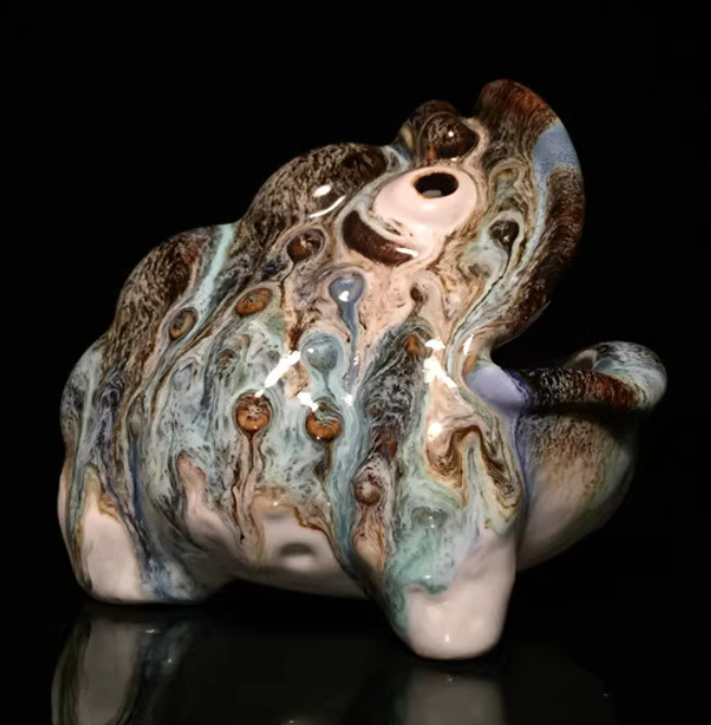 5.1″ Chinese Pottery Porcelain Pure Handcrafted Golden Toad Originality Ashtray