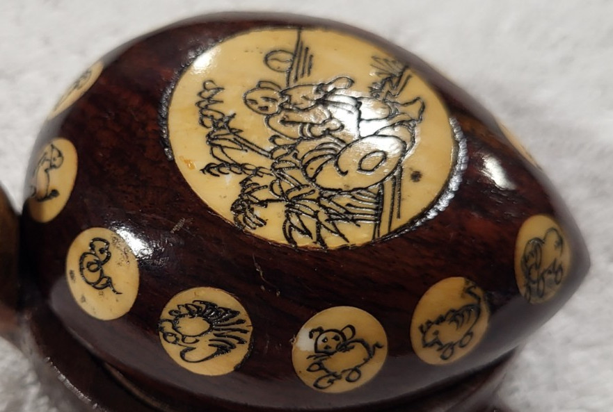 Vintage Carved Wood Turtle with Inlaid Chinese Zodiac Signs Opens to Compass