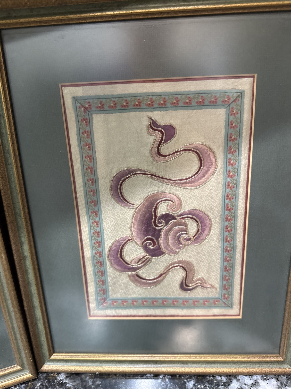 Antique Pair Of Chinese Silk Embroidery Panel Textile Tapestry Framed 11.5 X15
