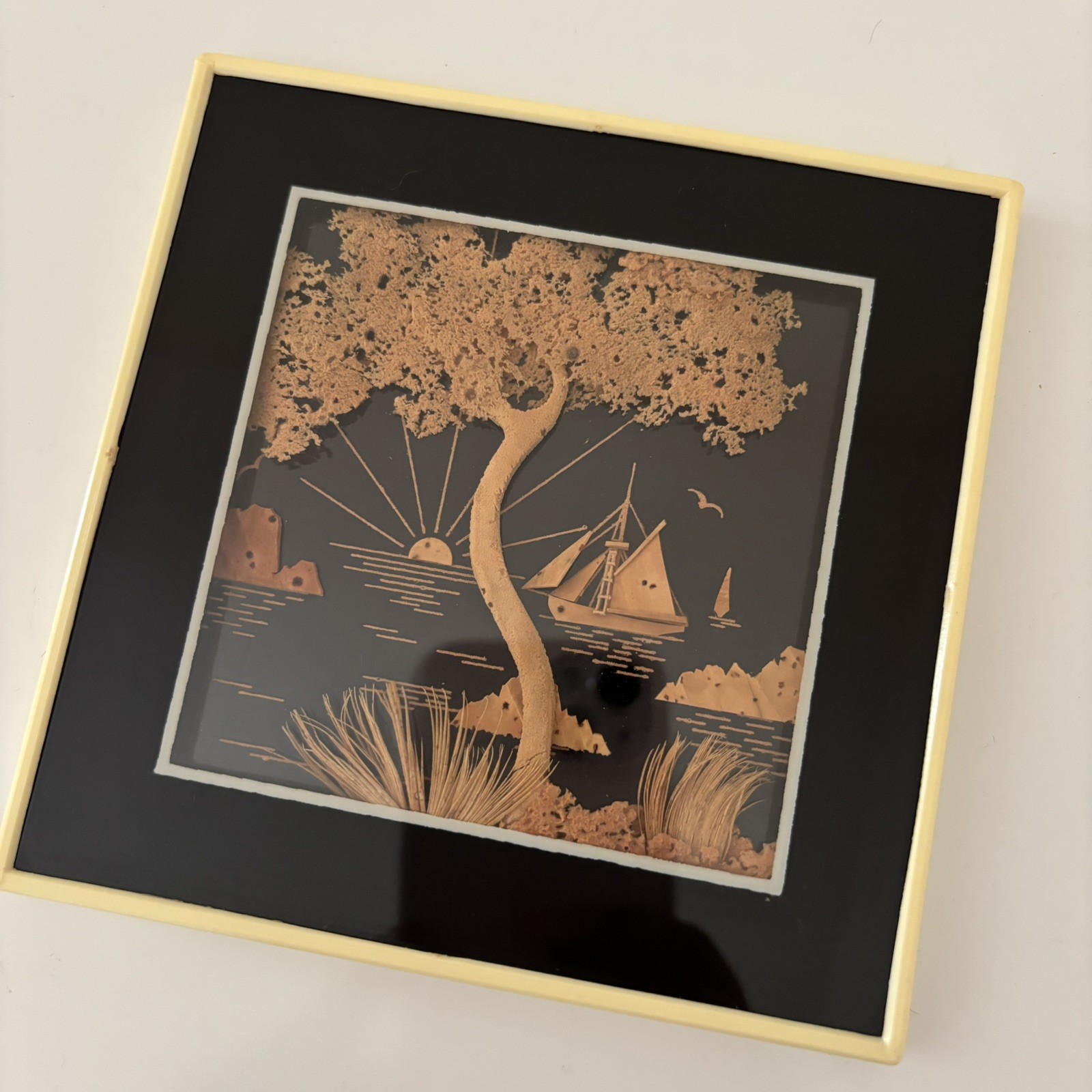 MCM Vintage Asian Diorama Cork Art Tree Boat Sunset 3D Framed 5 x 5″