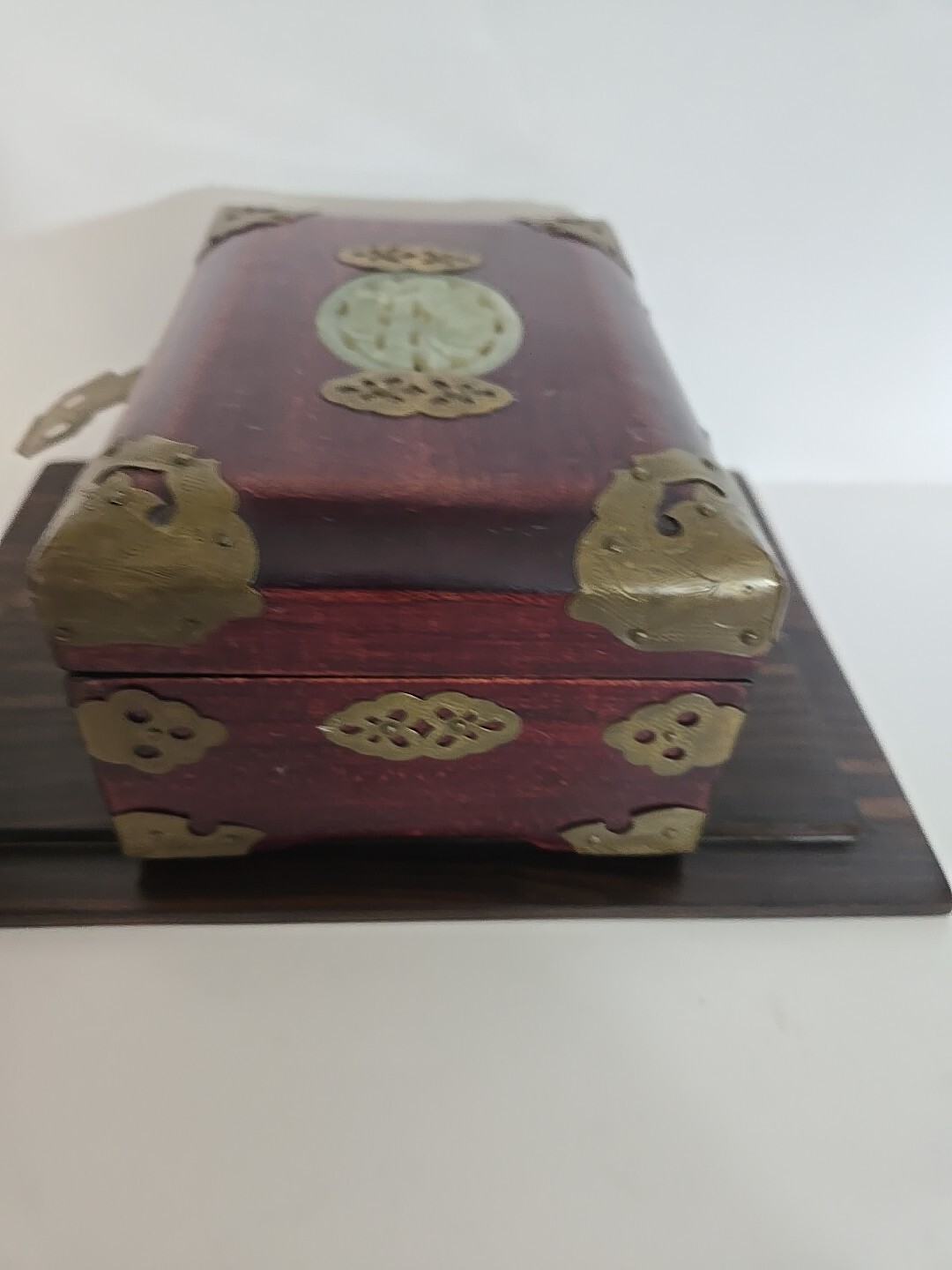 Jewelry Box Wooden Brass Accents Shangai Jade Detail VTG
