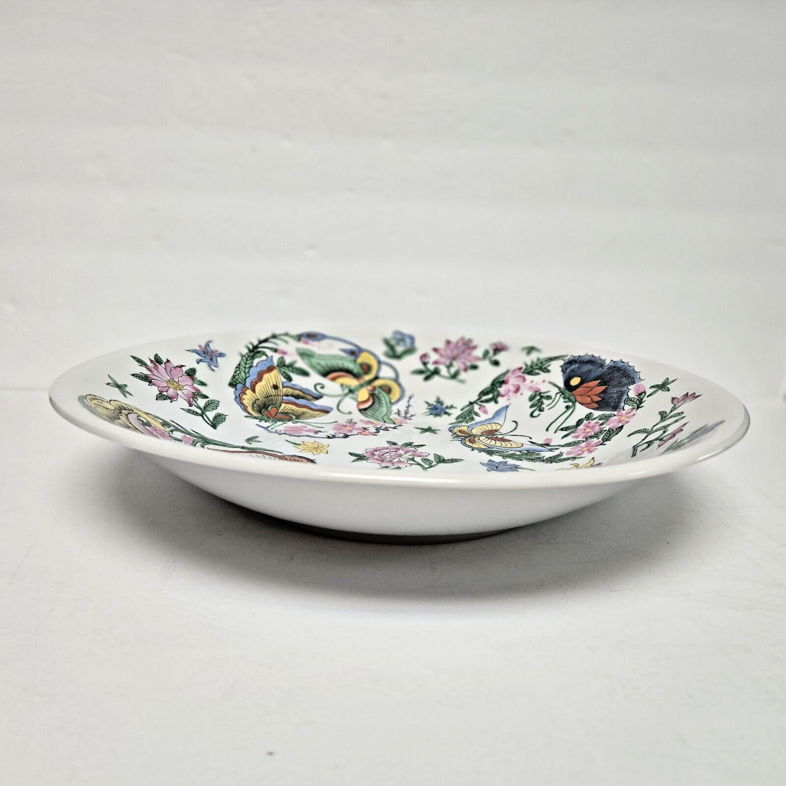 Lg. Chinese Porcelain 14″ Bowl w Brass Stand Hand-Painted Butterflies & Flowers