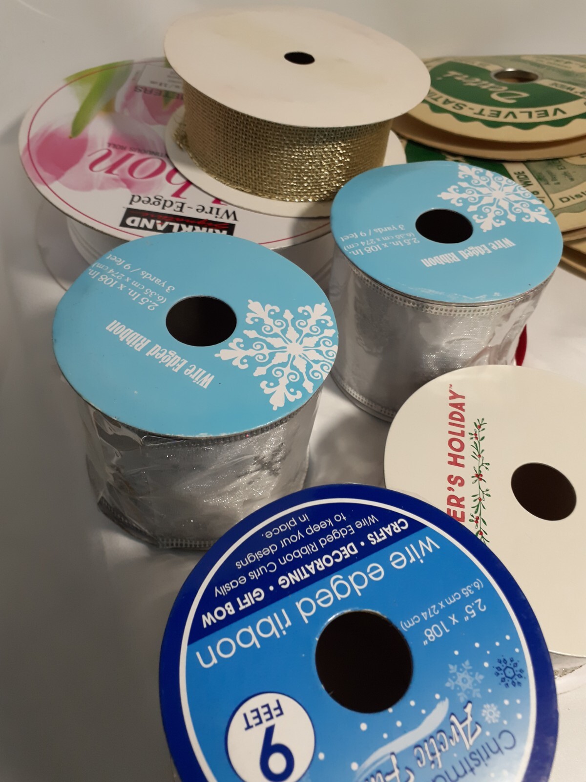 14 Rolls of Christmas Ribbon, Brand & Size Varies, Velvet, Wired, Gold, Silver