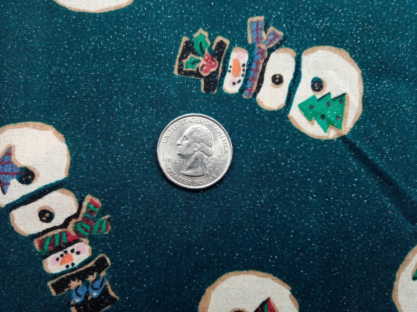 Folk Snowman Iridescent Christmas Fabric Dark Winter Green Holiday 3yd 16in 44w
