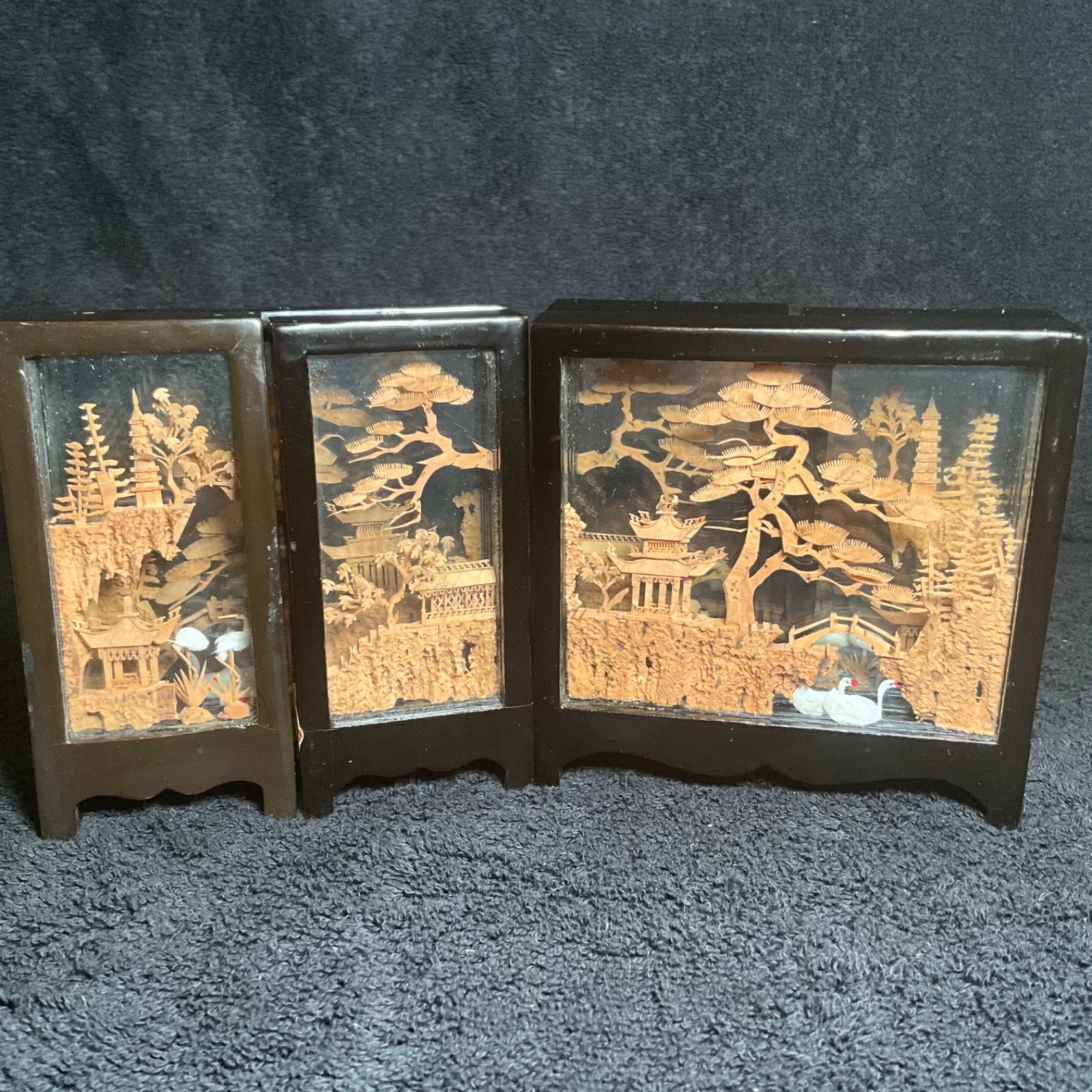 2x-VTG SAN YOU Tri-Fold Oriental Hand Carved Cork Pagoda Diorama w Cranes