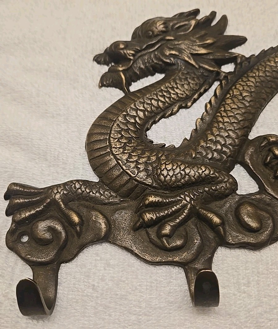 Vintage Chinese Brass Dragon Mounted Wall Hanger w/Hooks Solid Metal 12.5″×8″
