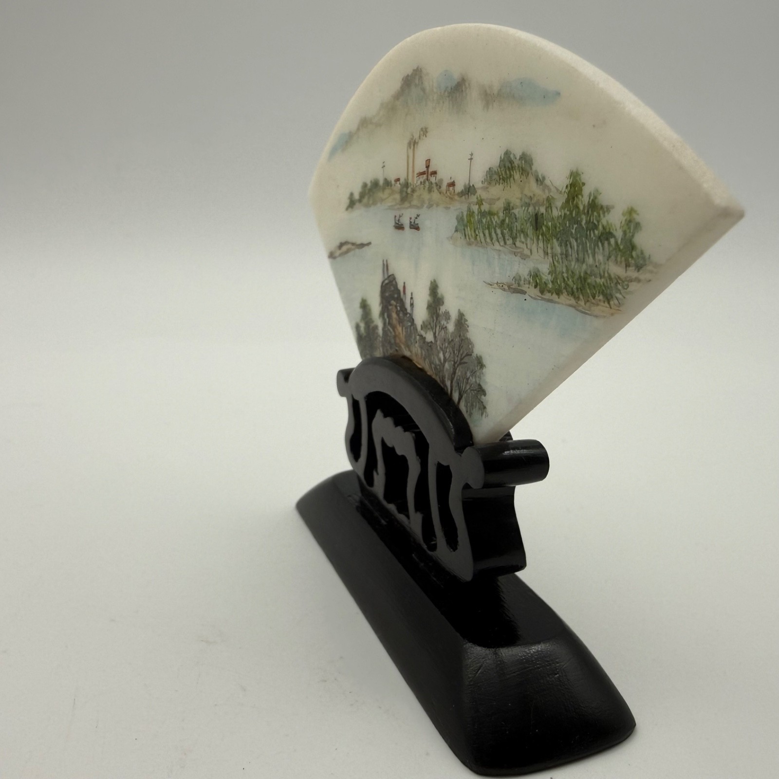 Vintage Chinese Hand Painted Marble Plaque Fan Shaped Landscape Wood Stand