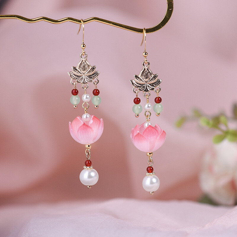 China Agate/Coloured Glaze/Pearl Lotus Flower Tibetan Style Earbob Earrings