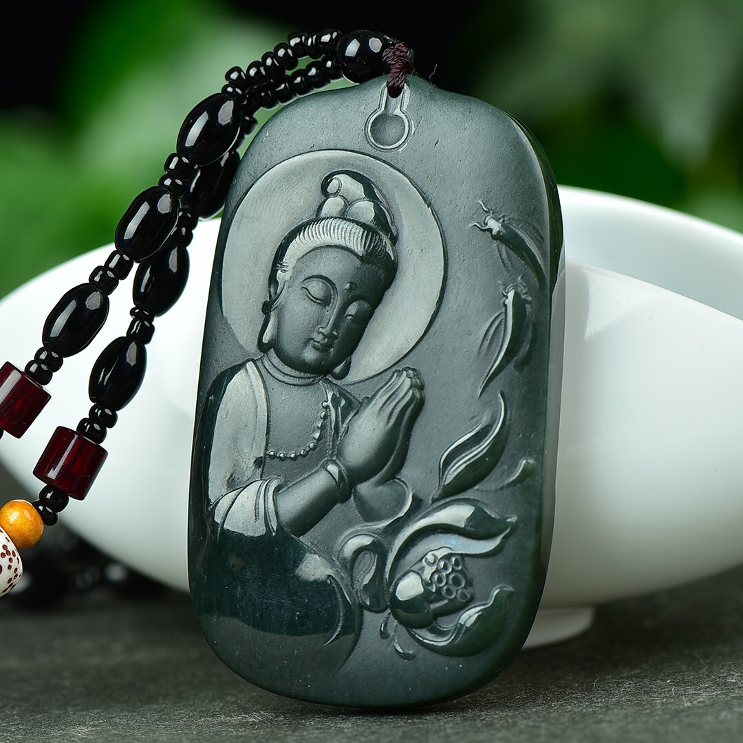 Chinese Hetian Gray Jade Hand Carving Buddhism Lotus Flower Kwan-yin Pendant
