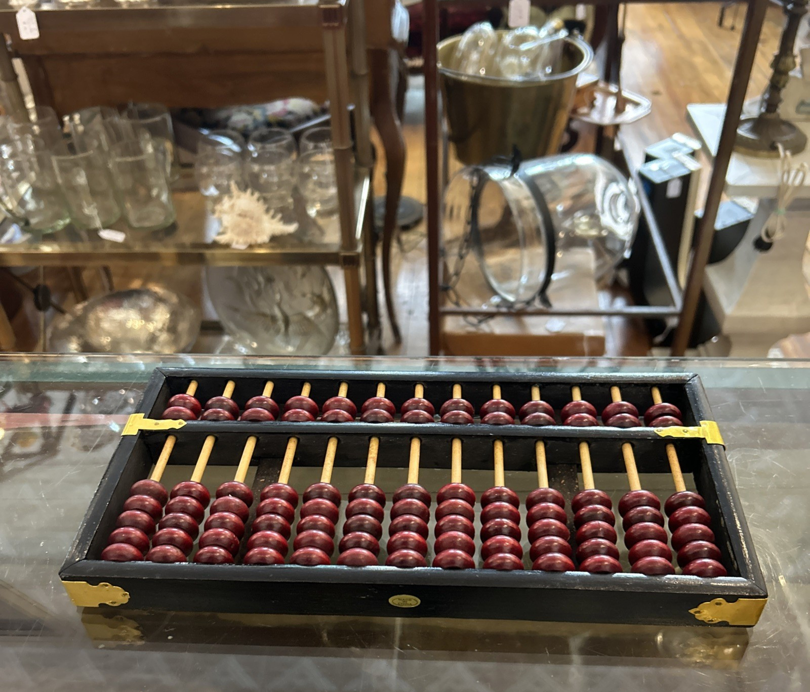 Vtg Chinese Abacus Wood Brass Xingyuan Goldstar Brand Calculator 13 Row 91 Bead