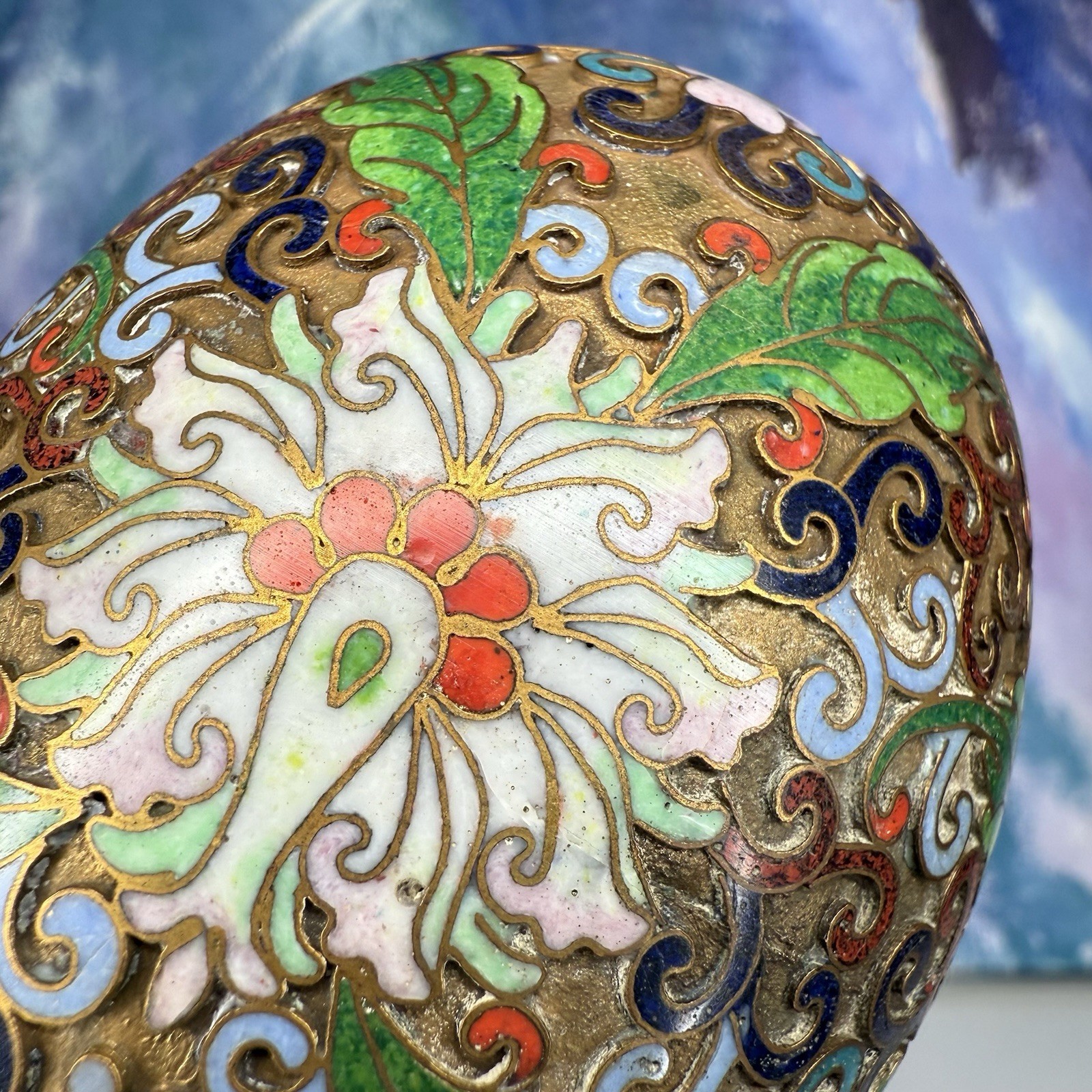 Chinese Cloisonné Metal Egg with Glass Display Stand Vintage Floral Enamel Lotus