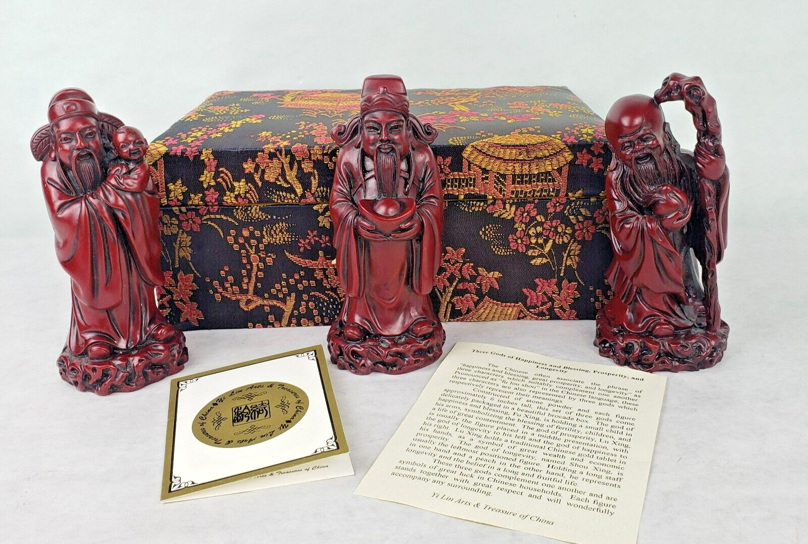 Yi Lin Arts & Treasures of China ‘Three Gods’ Figurines in Original Brocade Box