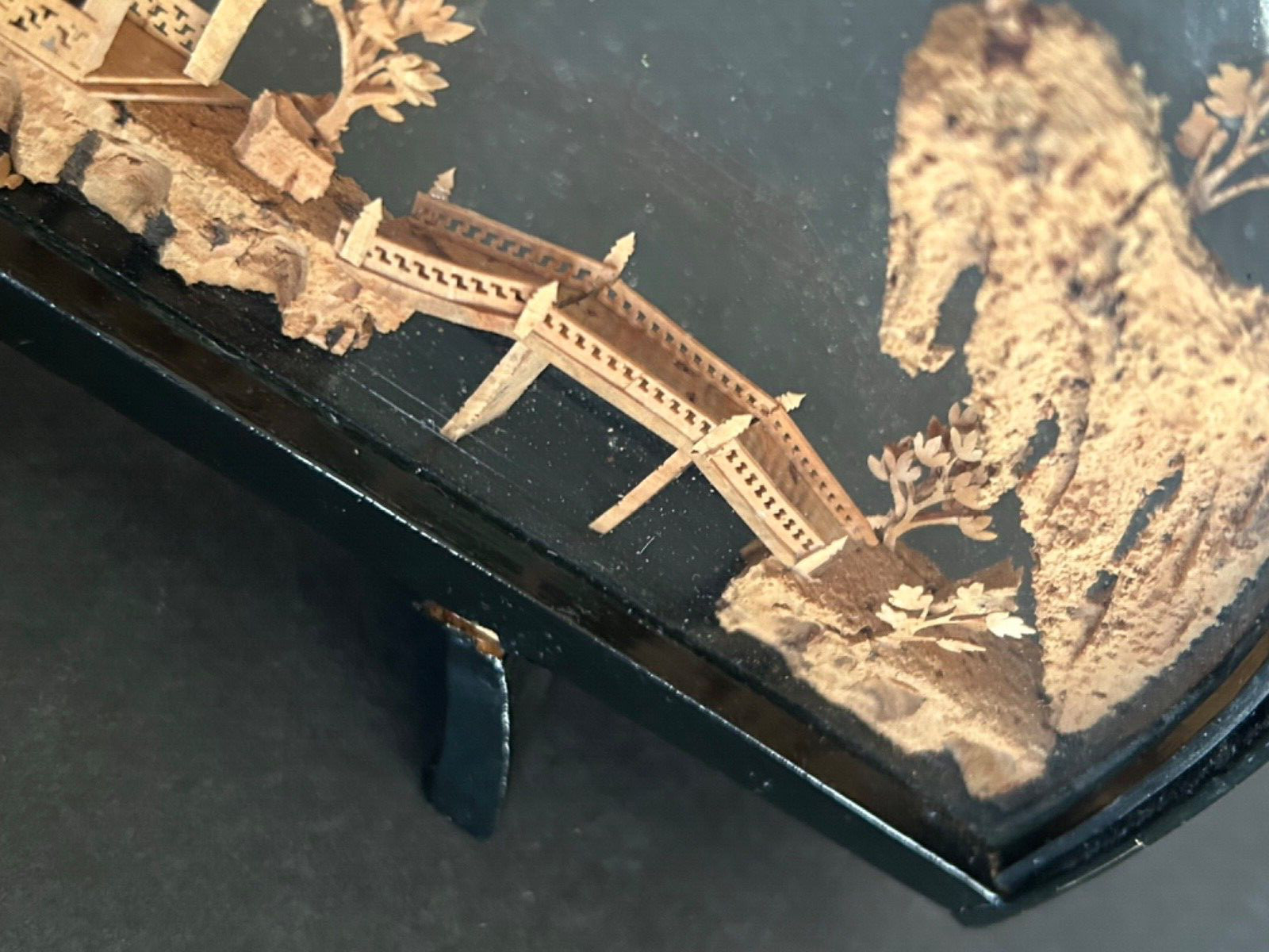 VINTAGE CHINESE SAN YOU DIORAMA CORK CARVING GLASS CASE PAGODA TREES & CRANES.
