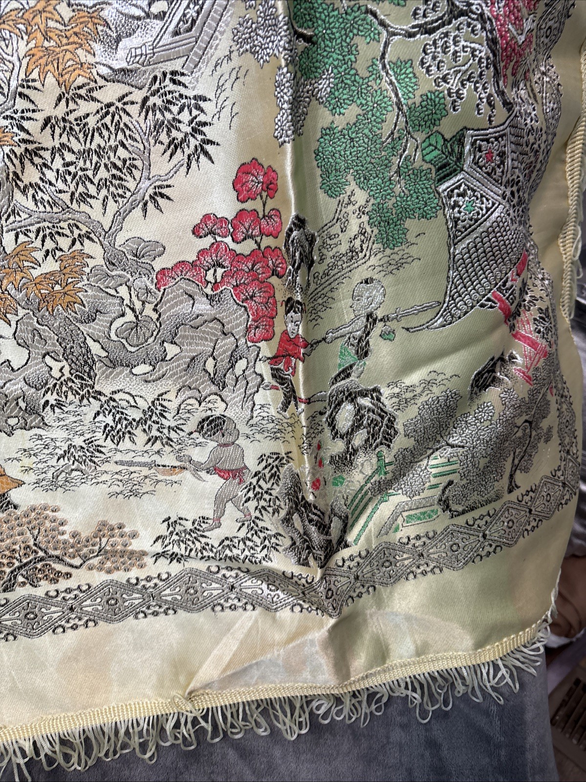 80s Vintage Chinese Silk Brocade Tablecloth, Wall Decor Tapestry Embroidery