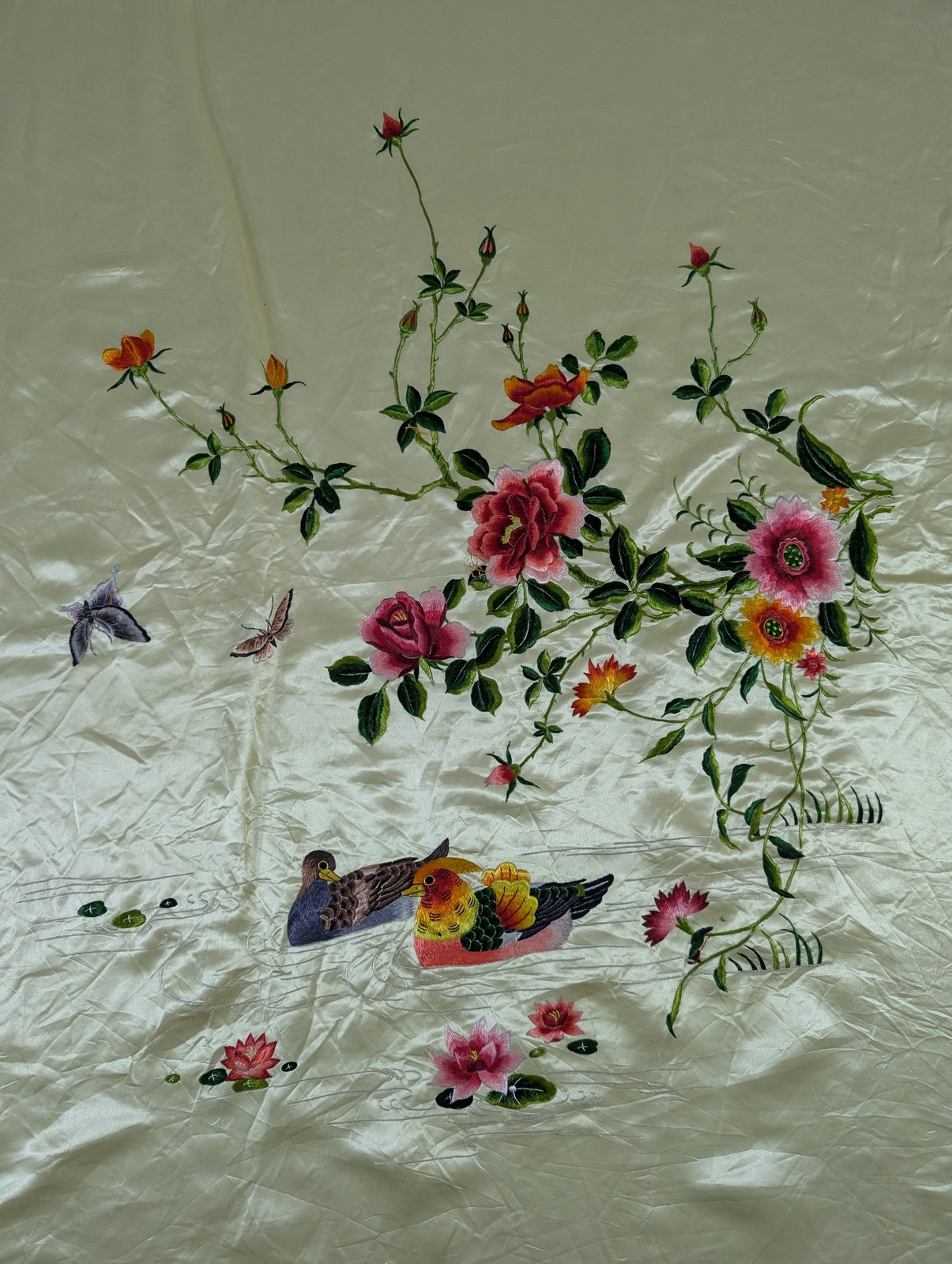 Vintage Chinese Embroidered Floral & Mandarin Ducks Silk Textile 74x56in