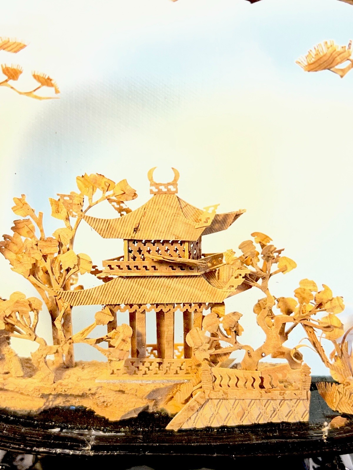 VTG Chinese Hand Carved Cork Diorama Shadow Box Asian Art Pagoda Cranes Trees