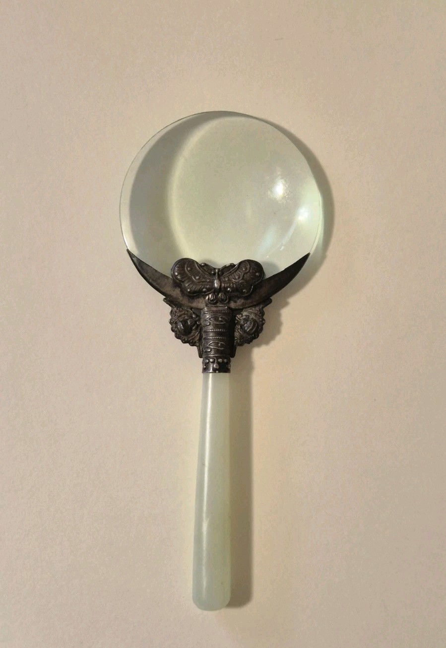 Antique 1900s Jade Stone Handle & Silver Filigree Magnifying Glass Jadeite