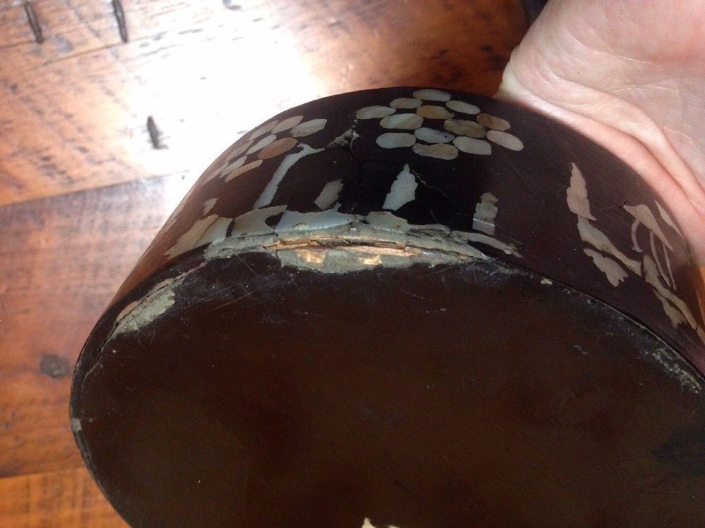 Vintage Antique Chinese Mother of Pearl Inlay Black Lacquer Wooden Round Box 7″