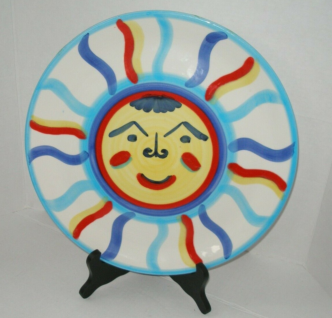 Colorful Decorative Plate Sunburst Ceramic Made in ITALY & Wood Stand Vintage