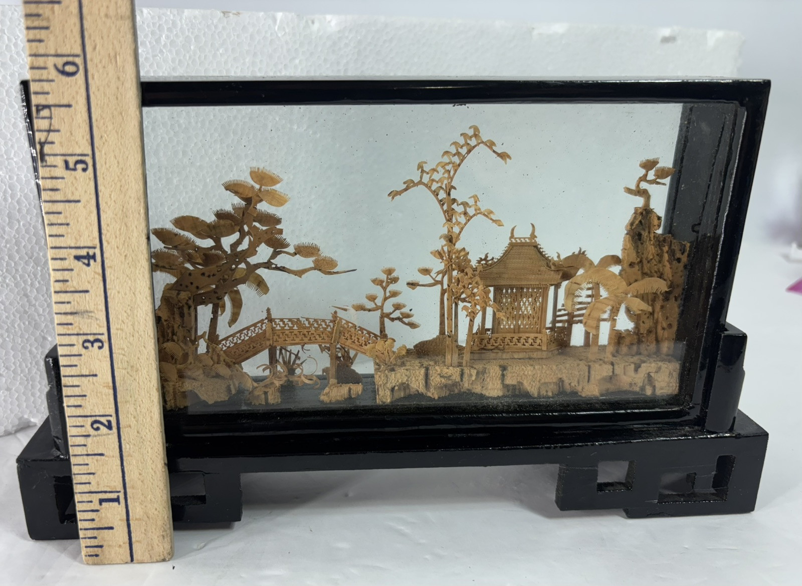 Vintage Hand-Carved Chinese Cork & Wood Diorama Encased In Glass & Wood Stand